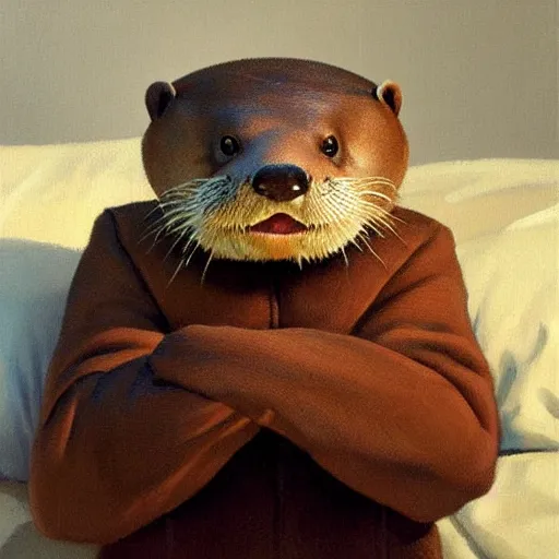 Prompt: an anthropomorphic otter wearing a night cap, in bed, smiling, head resting on a pillow, eyes closed, realistic, very detailed, high quality, masterpiece, oil painting by artgerm, by Ralph Horsley