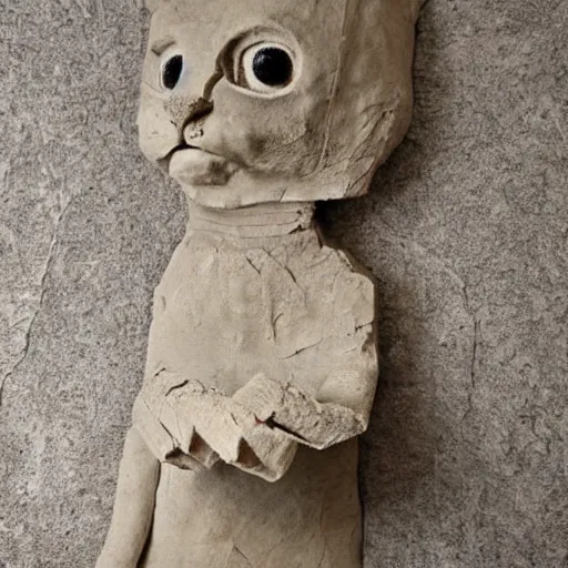 Prompt: museum photo of an ancient limestone clay cute golem cat, with letter!!! ה!!! carved on its head, clay, hebrew, israel, studio lighting, professional, promo,