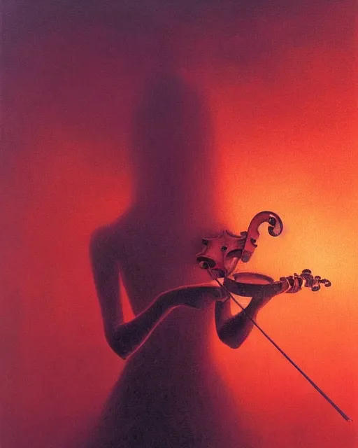 Prompt: a extremely detailed masterpiece of a violin singer in a steampunk, psychedelic symmetric lights and fog, opening a portal into another dimension, in the style of zdzislaw beksinski glowing light and shadow, hyperrealist, 8 k