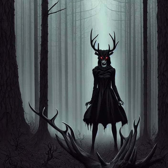 Image similar to style artgerm, joshua middleton, diego fazio, marc simonetti : : scary wendigo with antlers and skull face mixed with werewolf : : [ [ beautiful witch wearing a black dress, symmetrical face, on the right side ] ] : : in the forest, detailed, dark and foggy, cinematic lighting