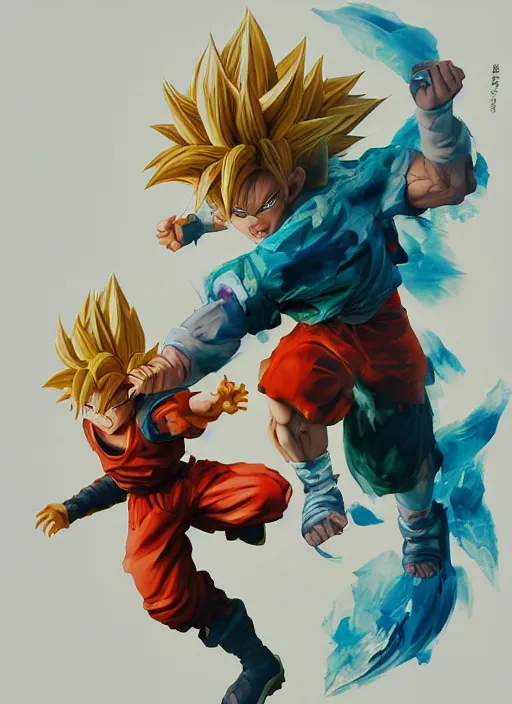 Image similar to semi reallistic gouache gesture painting, by yoshitaka amano, by ruan jia, by Conrad roset, by dofus online artists, detailed anime 3d render of gesture painting of goku KID super Saiyan, young goku blond, Crono, Dragon Quest, crono, goku, portrait, cgsociety, artstation, rococo mechanical, Digital reality, sf5 ink style, dieselpunk atmosphere, gesture drawn