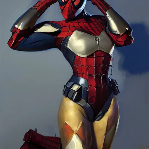 Image similar to greg manchess portrait painting of partially armored female iron spiderman as overwatch character, medium shot, asymmetrical, profile picture, organic painting, sunny day, matte painting, bold shapes, hard edges, street art, trending on artstation, by huang guangjian, gil elvgren, ruan jia, greg rutkowski, gaston bussiere