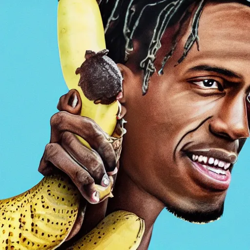 Image similar to travis scott riding a banana, realistic, sharp focus, ultra high details, 8 k, hd, sharp, detailed face