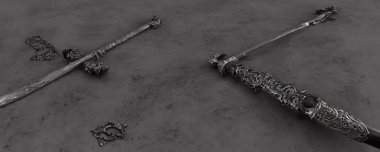 Image similar to long sword, black skull sword guard sword, steel, sword, crystals, engravings, forged, blacksmith product design, jewelry, art by gerald brom, greg rutkowski and artgerm and james jean and zdzisław beksinski, 8 k, unreal engine, c 4 d