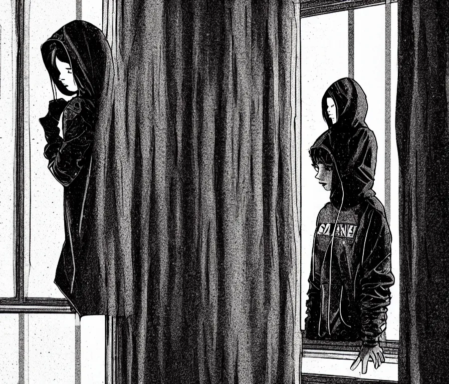 Image similar to sadie sink in hoodie sits on windowsill, knees tucked in | rain falls at night : storyboard, scifi cyberpunk. by gabriel hardman, chris bonura, joe alves. cinematic atmosphere, detailed and intricate, perfect anatomy