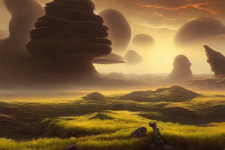 Image similar to strange breathtaking fertile alien landscape, matte painting by david a. hardy, surreal, vivid colors, 4 k, volumetric lighting, photorealistic