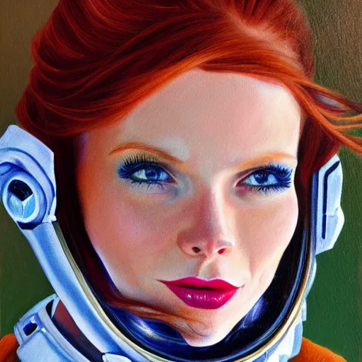 Prompt: redhead fashion model astronaut portrait, hyperrealism oil painting