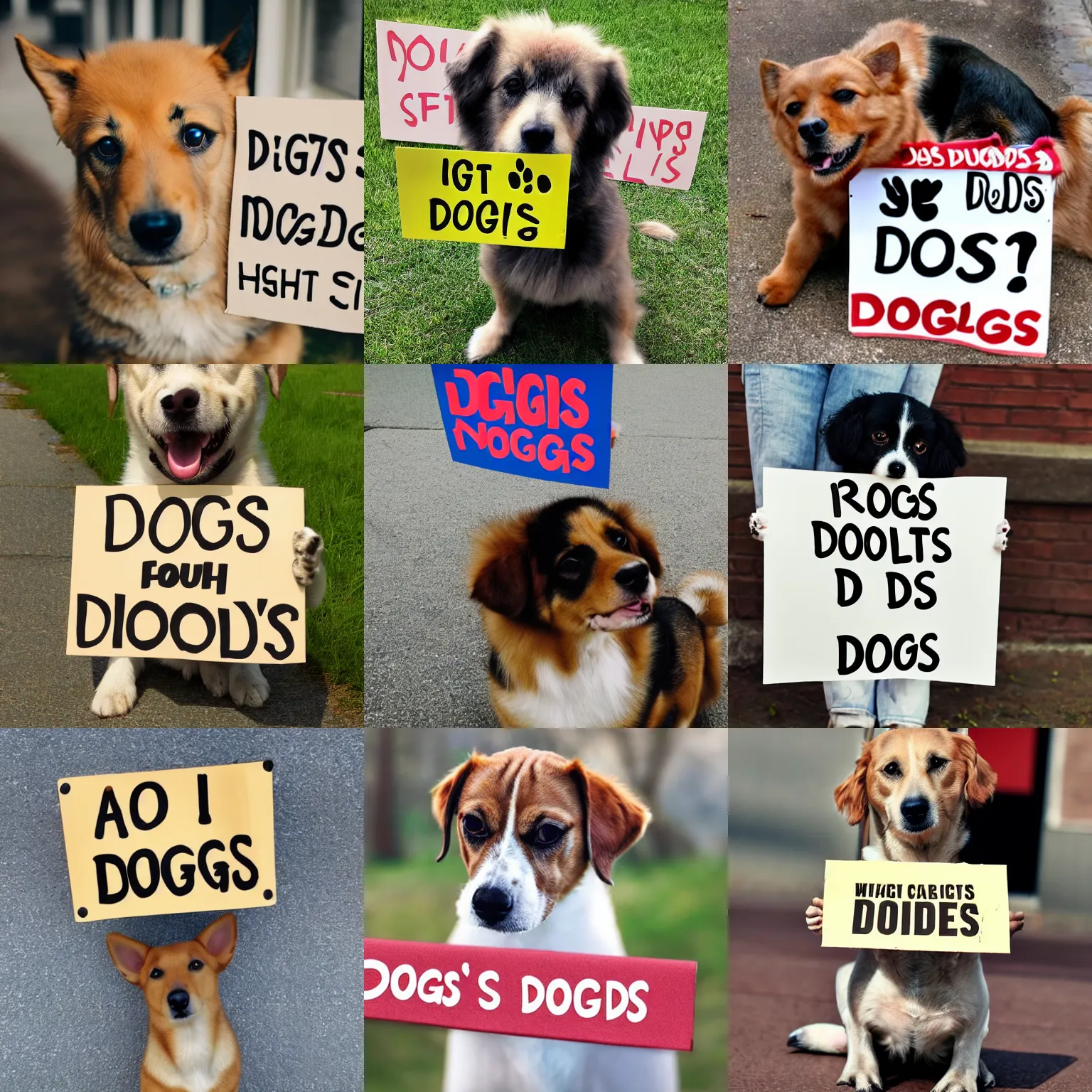 Image similar to realistic high quality photo of a cute dog holding a sign with text that reads : dogs