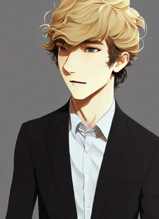 Image similar to young man with medium - length, curly, golden hair, perfectly proportioned face, aquamarine eyes, sweet smile, wearing a black suit, natural lighting, path traced, highly detailed, high quality, cartoon, digital painting, by new haicheng and studio ghibli
