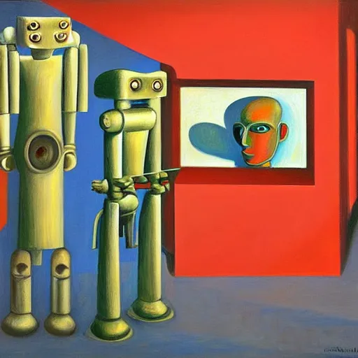 Prompt: robot visages, pj crook, edward hopper, oil on canvas