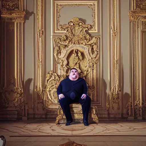 Image similar to childish fat politician with big stomch is sitting corner alone in giant luxury castle in baroque style