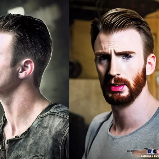 Image similar to first photos of 2 0 2 4 machinist remake - scrawny and gaunt chris evans, ( eos 5 ds r, iso 1 0 0, f / 8, 1 / 1 2 5, 8 4 mm, postprocessed, crisp face, facial features )