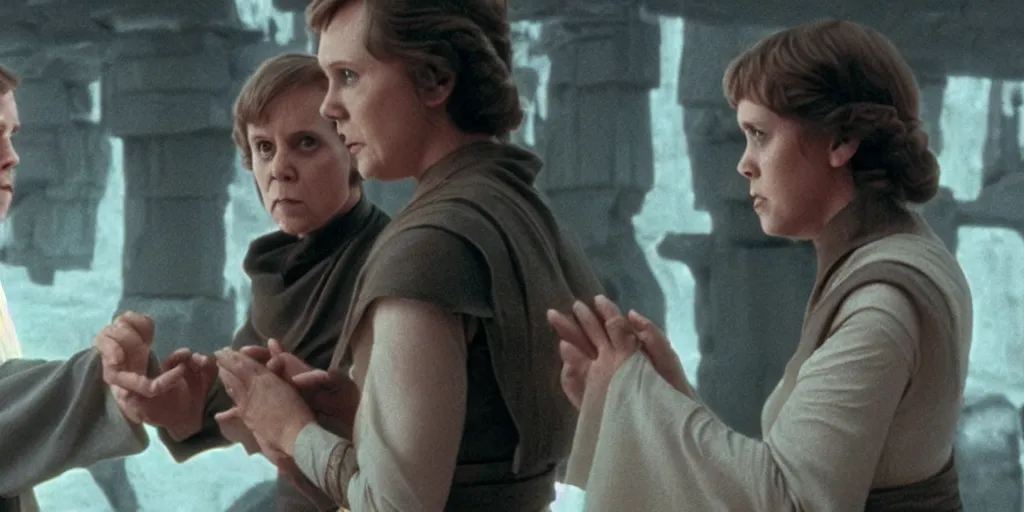 Prompt: Luke Skywalker teaches Leia the force at Jedi Temple scene from the last jedi, 2022, film by Stanley Kubrick, serene, iconic scene, stunning cinematography, hyper detailed, sharp, anamorphic lenses, kodak color film