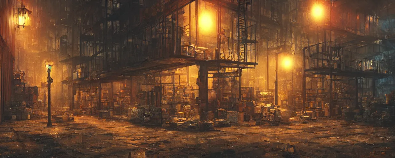 Prompt: ” dusty old warehouse filled with boxes lit by a gas lamp, [ art by paul lehr, cinematic, detailed, epic, widescreen, opening, establishing, mattepainting, photorealistic, realistic textures, octane render ] ”