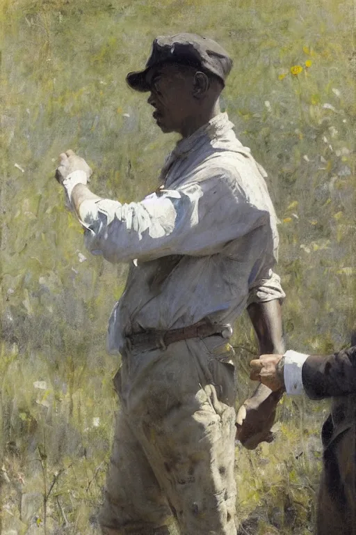 Prompt: Solomon Joseph Solomon and Richard Schmid and Jeremy Lipking painting full length portrait painting of a young man going to work in the field