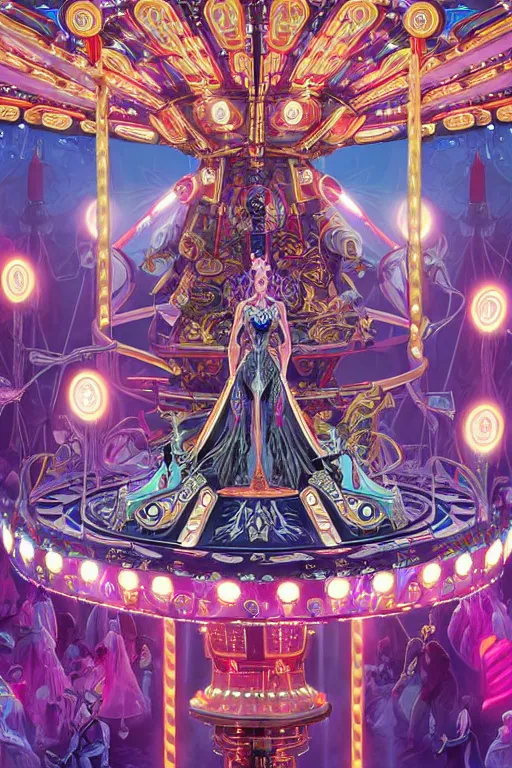 Image similar to ethereal cybernetic empress tsarina wearing futuristic sentient alien carousel crown in the fantasy amusement carnival, extremely detailed, sharp focus, wide view, full body shot, smooth, digital illustration, by dan mumford. james jean, by rossdraws, frank franzzeta, sakimichan