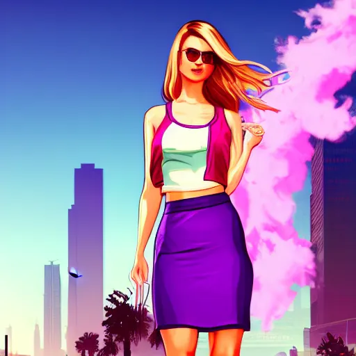 Image similar to a stunning GTA V loading screen with a beautiful woman with ombre hairstyle in purple and pink blowing in the wind, tanktop and skirt, city streets, digital art, trending on artstation