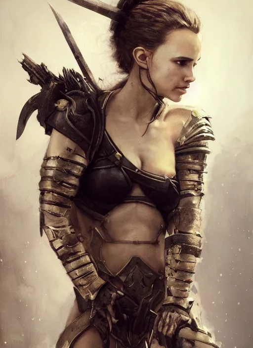 Image similar to young natalie portman, legendary warrior, warframe, lord of the rings, tattoos, decorative ornaments, battle armor, carl spitzweg, ismail inceoglu, vdragan bibin, hans thoma, greg rutkowski, alexandros pyromallis, cute, perfect face, detailed, sharply focused, centered, rule of thirds, photorealistic shading