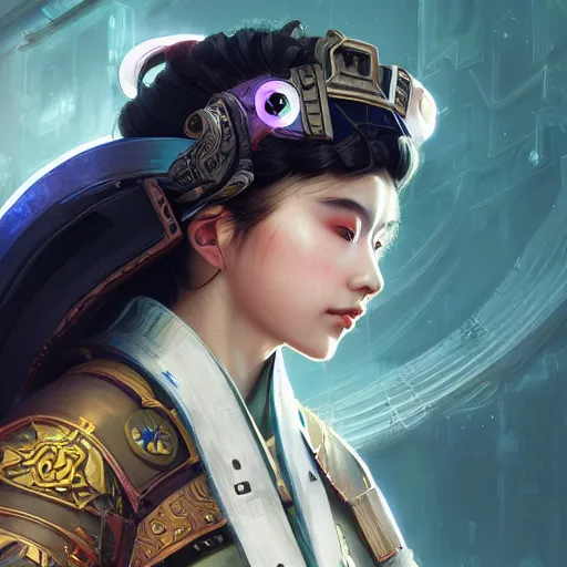 Image similar to closeup of a young cyberpunk samurai lady wearing a visor D&D, fantasy, intricate, elegant, highly detailed, digital painting, artstation, concept art, matte, sharp focus, illustration, hearthstone, art by Artgerm and Greg Rutkowski and Alphonse Mucha