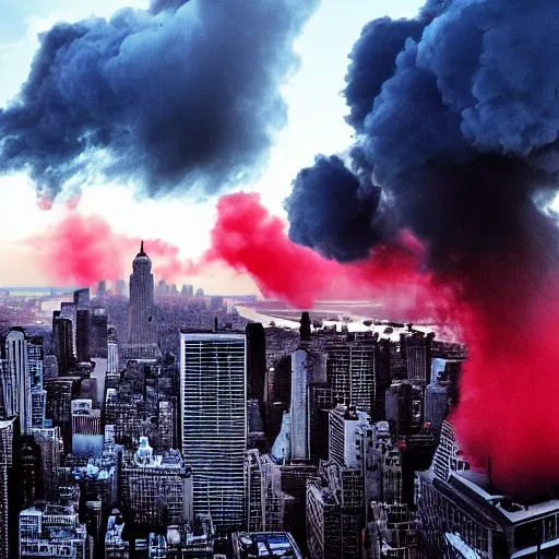 Prompt: destroyed new york city, war, real, blue sky, smoke, red clouds, detailed, award winning, photograph, cinematic