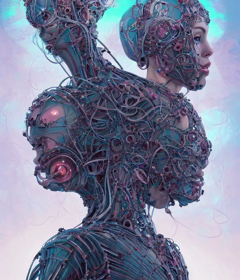 Image similar to fully symmetrical centered portrait of a beautiful princess in robe. artificial muscles, ribcage, bones, hard surface modelling. cyberpunk look. biomechanical mask. bio luminescent biomechanical halo around head. jellyfish. artwork by jarold Sng by artgerm, by Eddie Mendoza, by Peter mohrbacher by tooth wu by alfons mucha, unreal engine, octane render, cinematic light, iridescent details, iridescent colors, dichroic, macro, depth of field, blur