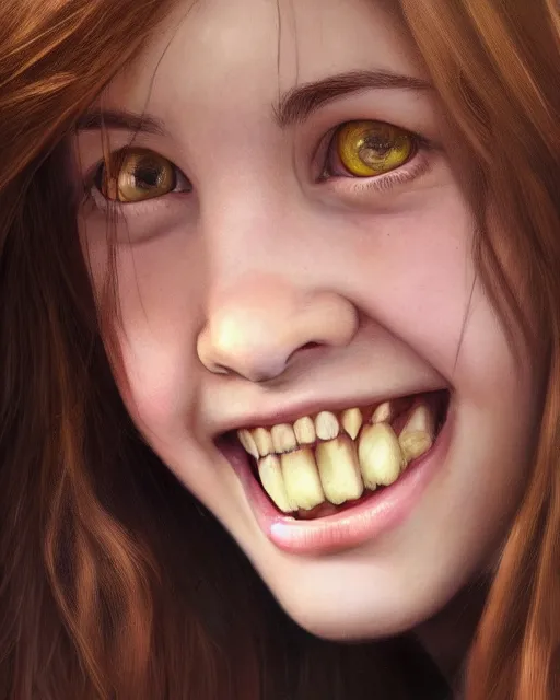 Image similar to close up portrait of 1 5 - year - old girl, smile with large front teeth, hermione granger, very bushy brown hair, and very bright brown eyes, wearing white shirt, hyper realistic face, beautiful eyes, character art, art by mark brooks, hyperdetailed, cryengine, trending on artstation, digital art