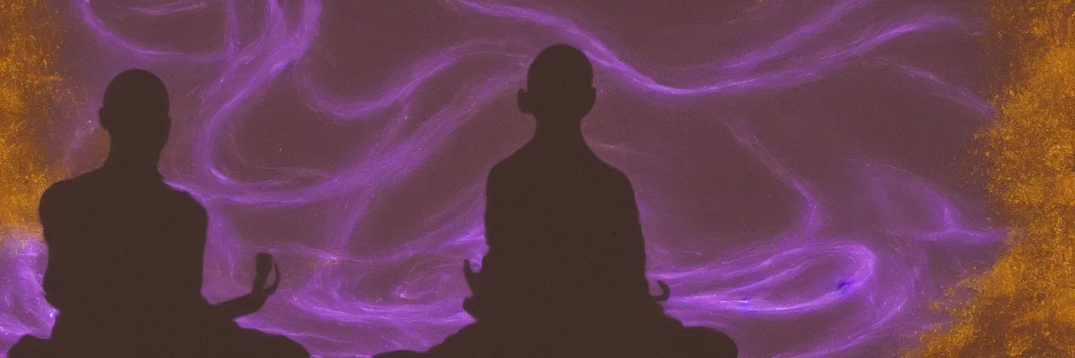 Image similar to a dark silhouette of a meditating monk on the river bank, pulsating waves of violet - gold energy emanate from the monk, hyper derailed 8 k,