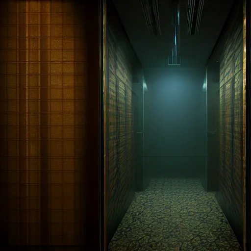 Image similar to Creepy Elevator, Volumetric Lighting, Anamorpic Lens, Cinematic Lighting, Hyperrealistic Rendering, Hyperdetailed, Intricate Details, Dynamic Lights, Raytracing