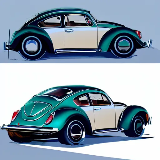 Prompt: What if Syd Mead designed a Volkswagen Beetle, gullwing side doors, concept art, trending on artstation