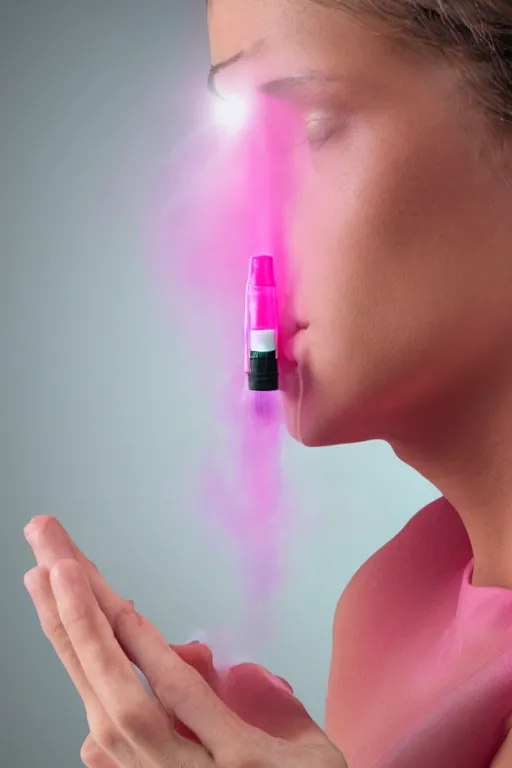 Image similar to nasal spray bottle filled with glowing pink liquid, pink gas erupts out of the thin nozzle
