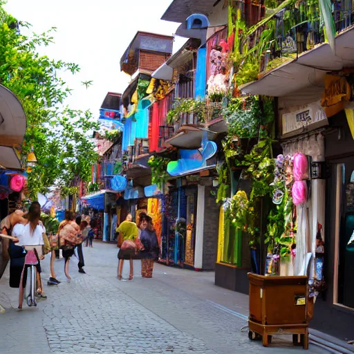 Image similar to solarpunk shopping street