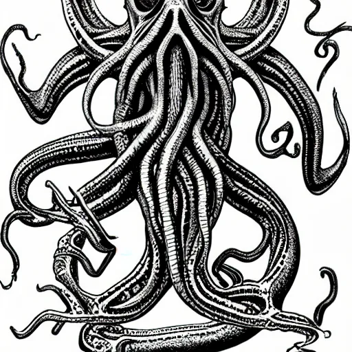 Prompt: ”biology text book scientific drawings of Cthulhu”