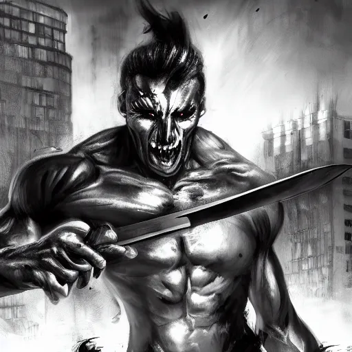 Image similar to black and white muscular demon man holding bayonet knife exploring urban environment, concept art trending on art station 4k award-winning unreal engine