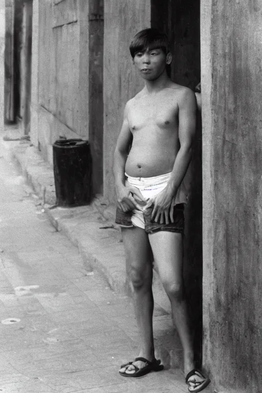 Image similar to Full-length portrait of a handsome!! young pregnant male on the streets of Saigon, wearing shorts and a sleeveless shirt, historically reliable photo chronicle, 1975, ultra detailed digital art, octane render, 4K, by John William Waterhouse and Edwin Longsden Long and Theodore Ralli and Nasreddine Dinet