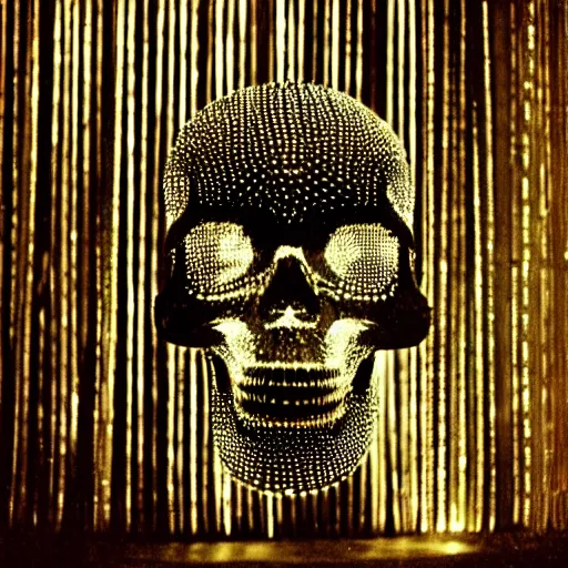 Image similar to a disco skull full of long spikes, reflecting light in a nightclub, grainy film photograph