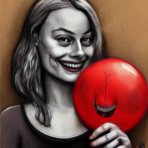 Image similar to surrealism grunge cartoon portrait sketch of margot robbie with a wide smile and a red balloon by - michael karcz, loony toons style, mona lisa style, horror theme, detailed, elegant, intricate