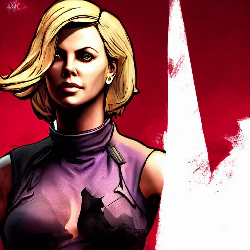 Image similar to charlize theron portrait, borderlands, tales from the borderlands, the wolf among us, comic, cinematic lighting, studio quality, 8 k