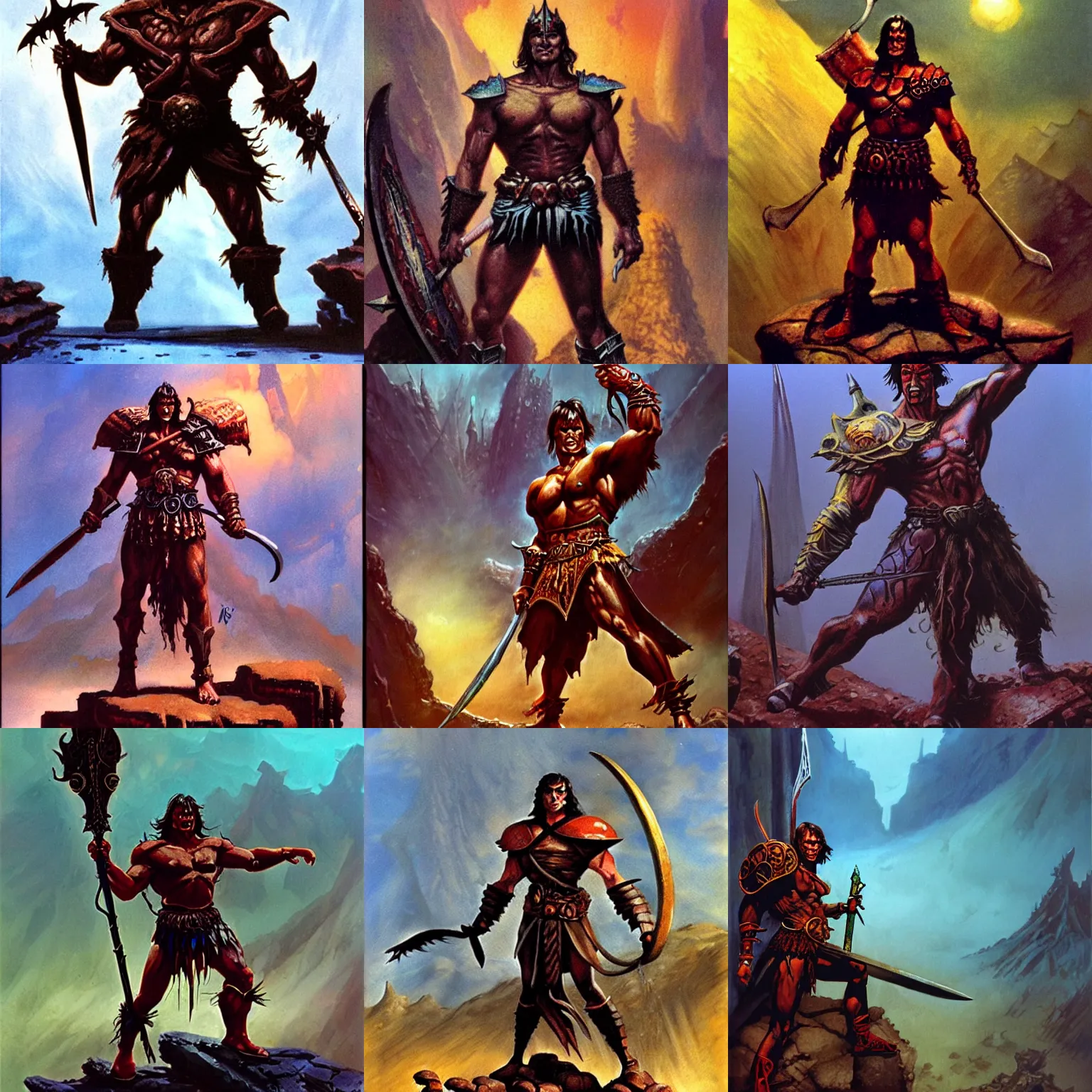 Image similar to conan the eliminator in the style of peter andrew jones, fantasy warrior, standing before ancient ruins