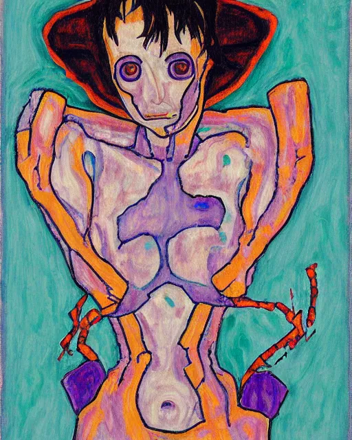 Image similar to a painting of eva unit 0 1 in the style of egon schiele, neon genesis evangelion,