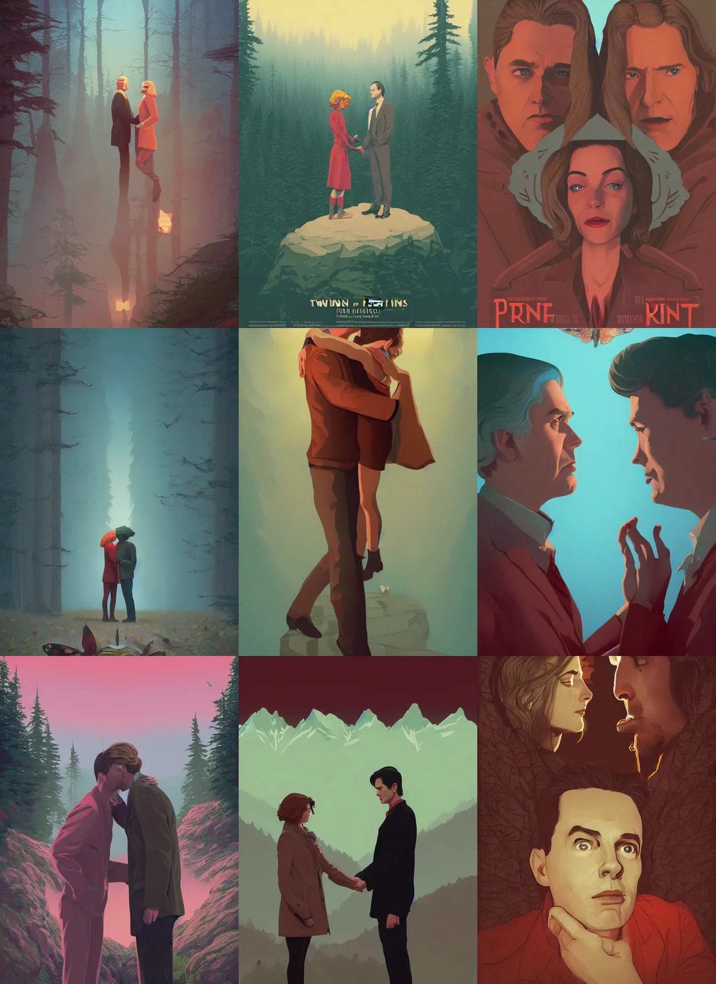 Prompt: Twin Peaks poster artwork by Artem Chebokha, Michael Whelan and Tomer Hanuka, Rendering of a cinematic beautiful closeup moment of lovers saying goodbye. Pensive Lonely I love you moth man butterfly woman, full of details, by Wes Anderson and Makoto Shinkai and thomas kinkade, Matte painting, trending on artstation and unreal engine