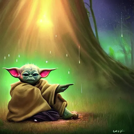 Image similar to Baby yoda sitting under a tree surrounded by luminous fireflies, digital art, trending on artstation, HDR