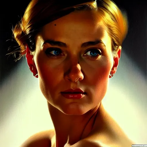 Prompt: close up face of a extremely beautiful bond female vam pire portrait, masterpiece, oil on canvas, artgerm, norman rockwell, craig mulins, trending on pxiv,