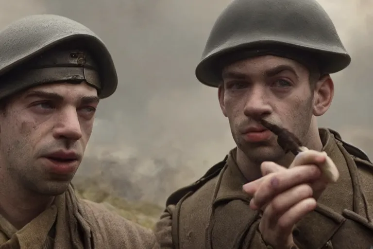 Image similar to jay baruchel smoking cigar, as world war 1 soldier in the trenches, 4 k hdr imax cinematography by roger deakins, award winning shot, beautiful composition, principal photography, vfx action shot