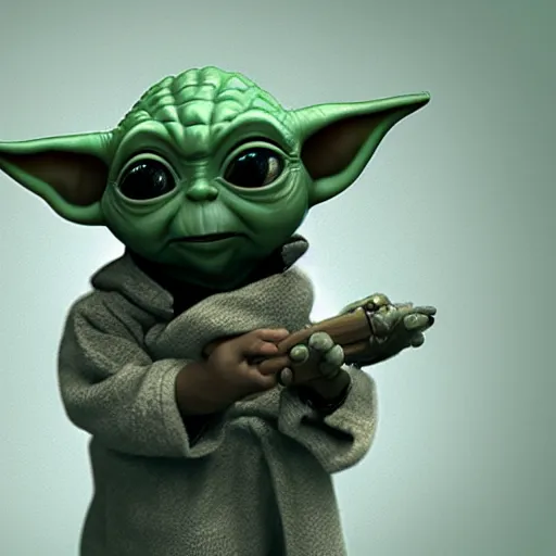 Image similar to Baby Yoda as a gangster, made by Randy Bishop, trending on artstation, 8k, hyperdetalied,