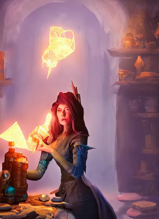 Image similar to An epic fantasy comic book style portrait painting of a light witch brewing a healing potion in her workshop, unreal 5, DAZ, hyperrealistic, octane render, cosplay, RPG portrait, dynamic lighting