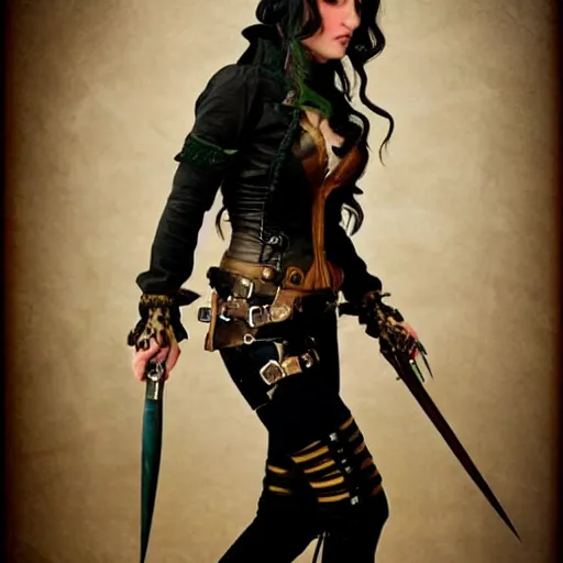 Image similar to full body photo of beautiful steampunk rogue with daggers