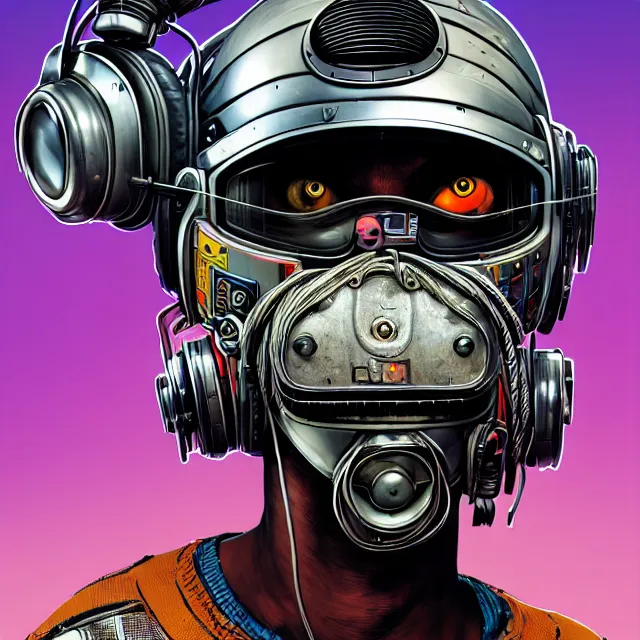 Image similar to a portrait of an anthropomorphic cyberpunk baboon in a crash helmet by sandra chevrier, detailed render, tape deck, boombox, headphones, epic composition, cybernetics, 4 k realistic, cryengine, realistic shaded lighting, sharp focus, masterpiece, by matteo scalera, gary montalbano, peter elson in the style of the tokyo ghost comic