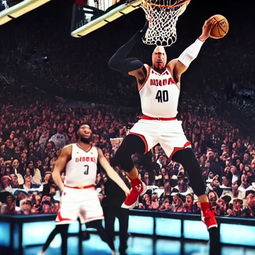 Prompt: dwayne johnson as an nba player dunking his last shot, photograph, realistic, 4 k, action, tv