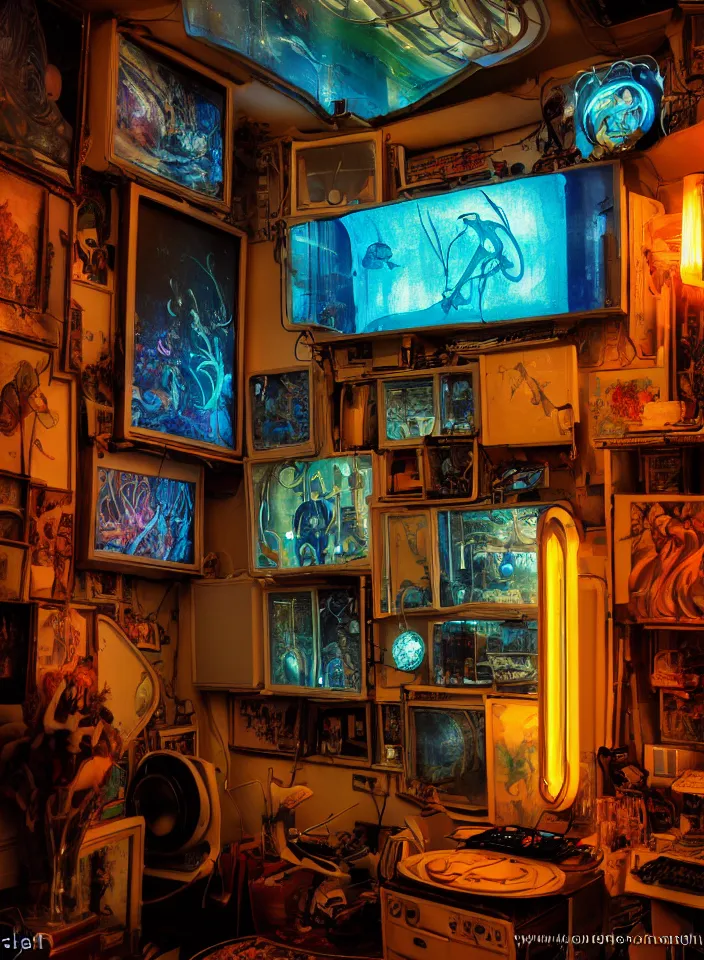 Image similar to telephoto 7 0 mm f / 2. 8 iso 2 0 0 photograph depicting the feeling of chrysalism in a cosy cluttered french sci - fi art nouveau cyberpunk apartment in a dreamstate art cinema style. ( ( computer screens ( ( ( fish tank ) ) ) ) ), ambient light.