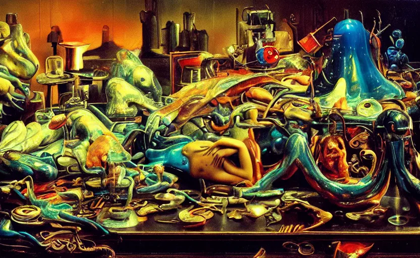 Image similar to blade runner, disturbing colorful oil painting dutch golden age vanitas still life sparse composition with bizarre objects strange gooey transparent surfaces shiny metal reflections bizarre mutant meat insects rachel ruysch dali todd schorr very detailed perfect composition rule of thirds masterpiece canon 5 0 mm, cinematic lighting, photography, retro, film, kodachrome